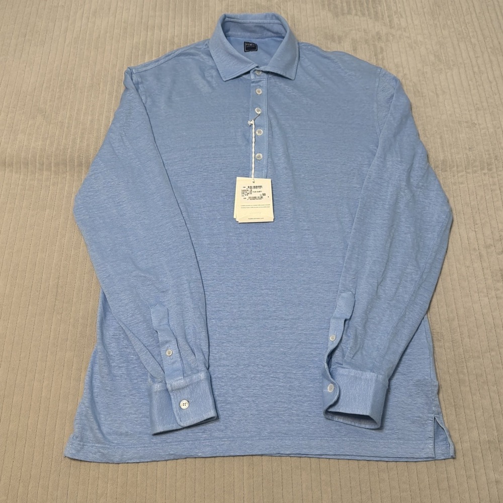Fedeli Long Sleeve 100% Linen Shirt Men's Size 50 Peach Blue Made In Italy